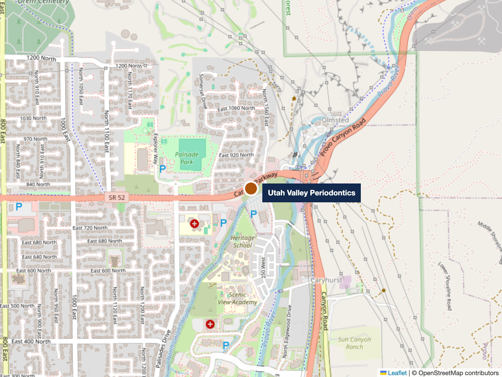 Map of Orem, Utah showing the location of Utah Valley Periodontics and Dental Implants on 800 North near Canyon Parkway, east of Interstate 15.